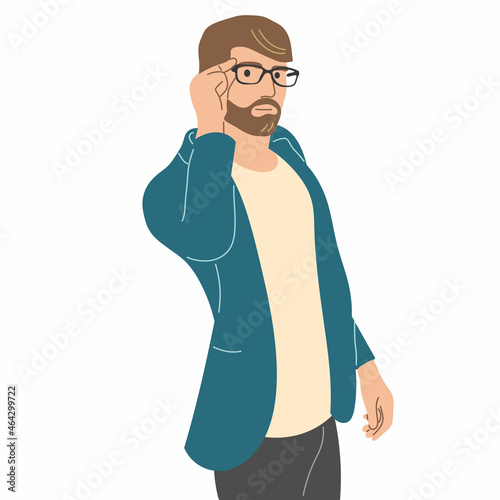 A thin man in a jacket stares intently holding his glasses. Flat vector illustration.