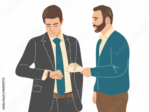 A man gives money to a man who looks at his watch. The man returns a long-standing debt to the creditor. Flat vector illustration.