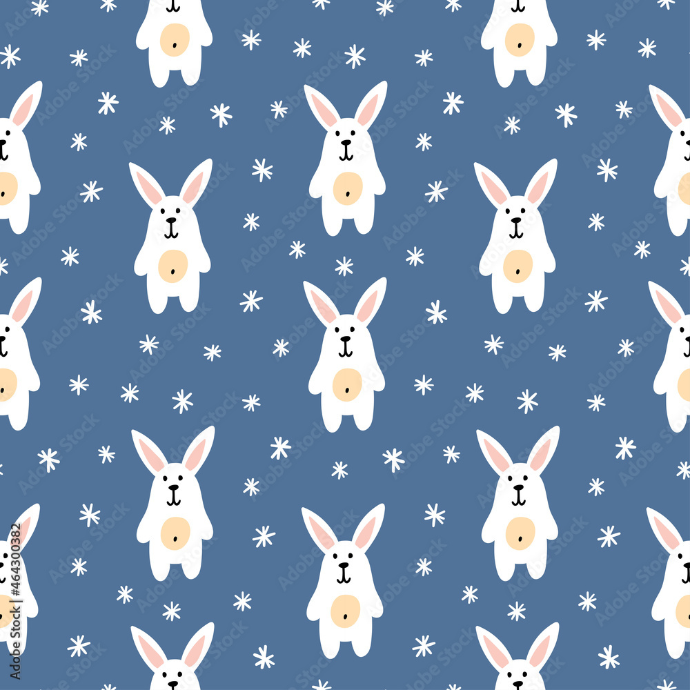 Fototapeta premium winter vector seamless pattern with cartoon rabbits and snowflakes.