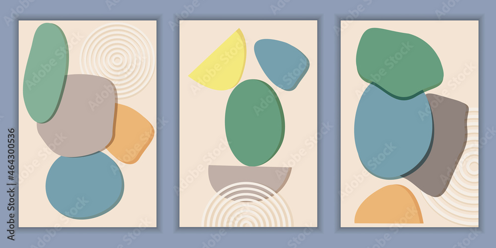 Set of modern templates with abstract composition of simple shapes. Trending collage style, minimalism. Pastel earthy colors. Vector banners for postcards, posters and social media covers