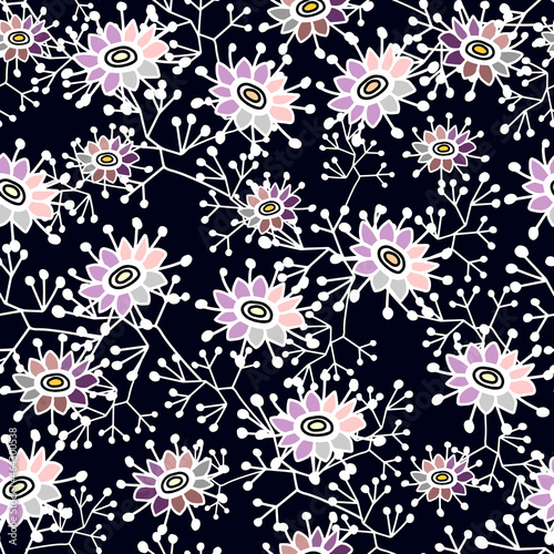 Seamless abstract pattern of exotic flowers and leaves. Drawn a white line with a white dot pattern on black background. Contemporary style fashion, fabrics and all prints.
