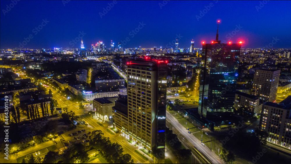 Fototapeta premium Panorama of Warsaw from above, Intraco tower and downtown, photo from the drone, September 2017, Warsaw, Poland.