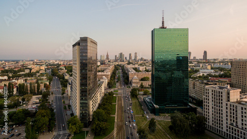 Panorama of Warsaw from above, Intraco tower and downtown, photo from the drone, September 2017, Warsaw, Poland.