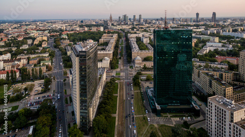 Panorama of Warsaw from above, Intraco tower and downtown, photo from the drone, September 2017, Warsaw, Poland. photo