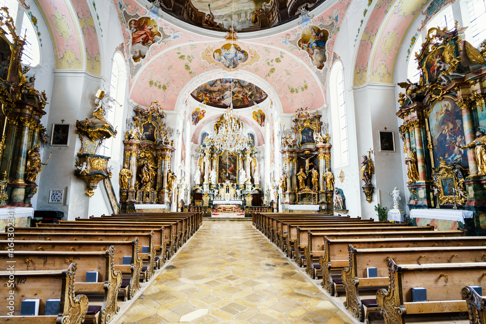 OBERAMMERGAU, GERMANY -  MARCH 07: View of Pfarrkirche on March 07, 2016 in Oberammergau, Germany.