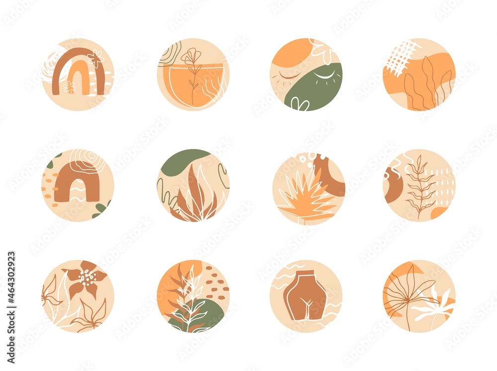 Vector abstract organic story set cover templates. Botanical illustration in earth tone colors.