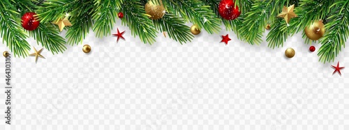 Border with green fir branches, stars, balls isolated on transparent background.	