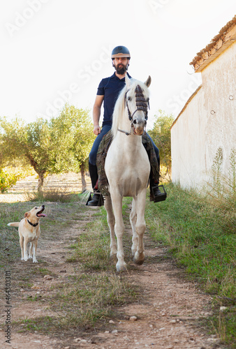 A horseman riding with his white horse and his dog