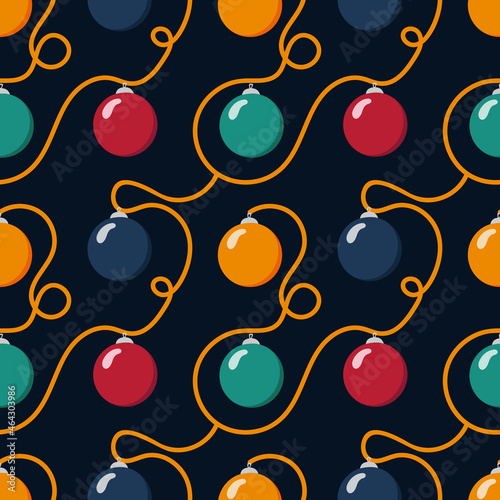 Christmas seamless pattern with christmas balls and decorations on dark blue background