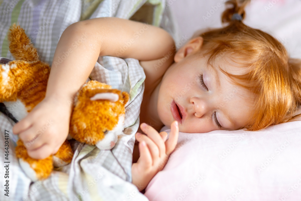a little red-haired girl sleeping peacefully in her bed and hugs a plush kitten. a little red-haired girl sleeping peacefully in her bed and hugs a plush kitten.