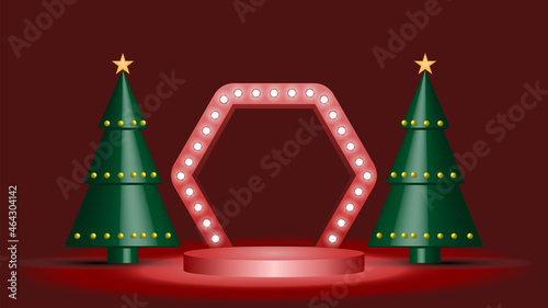 3d vector Minimalist display podium for showing product with christmas trees and light in dark room