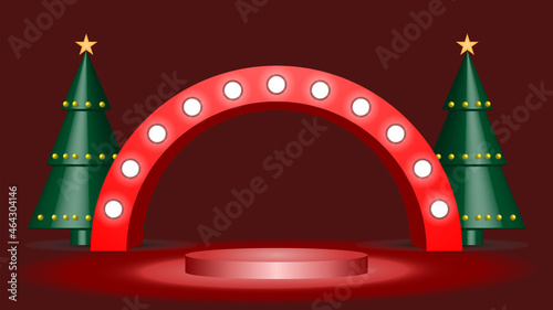 3d vector minimalist display podium with christmas trees and light in dark room