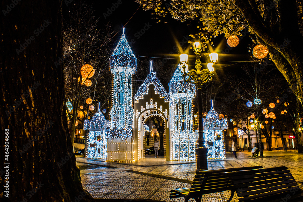 Christmas Castle with lights in Viseu City - obrazy, fototapety, plakaty 