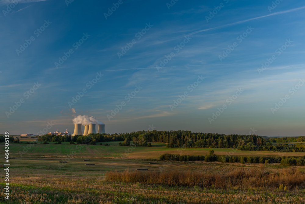 Fototapeta premium Nuclear power plant near Temelin village in autumn color evening