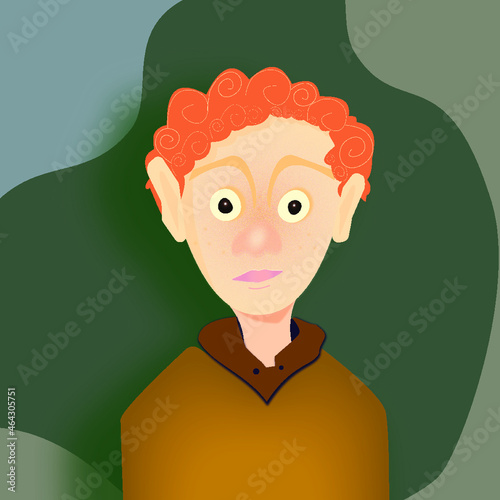 redhead boy with freckles on a green background