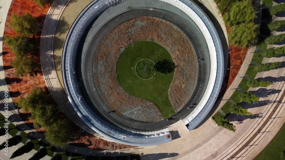 Krasnodar, Russia -October, 2021 aerial view, drone shooting part of a green park with a circular geometry resembling the human eye. a modern space of the new normal, taking into account social Krasnodar, Russia -October, 2021 aerial view, drone shooting part of a green park with a circular geometry resembling the human eye. a modern space of the new normal, taking into account social