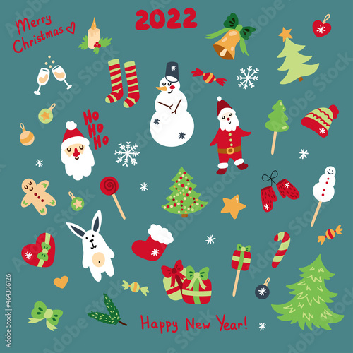 New Year's set of hand-drawn cartoon Christmas elements. snowman, christmas tree, gift, lollipops, gingerbread, candle, bell, snowman, santa claus, socks. vector image isolated on a white background