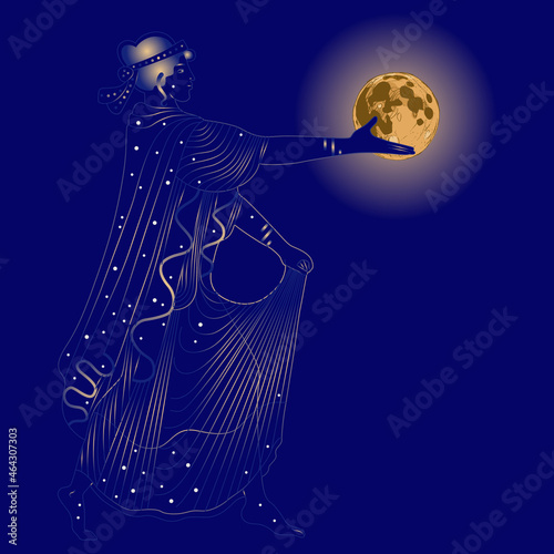
Ancient Greek woman as starry night holding shining full moon. Creative concept. Goddess Selene or Nyx.
