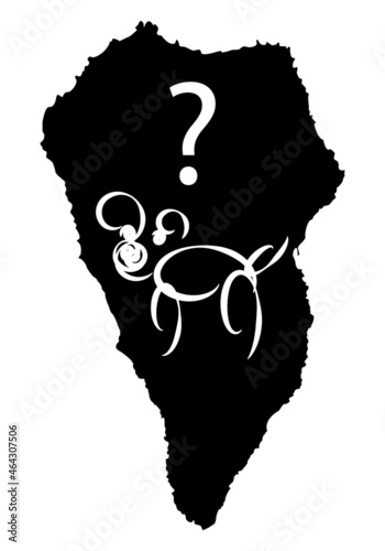 Se busca perro en la isla de La Palma. Silueta de un perro en trazo blanco sobre la silueta de La Palma en negro y una interrogación blanca