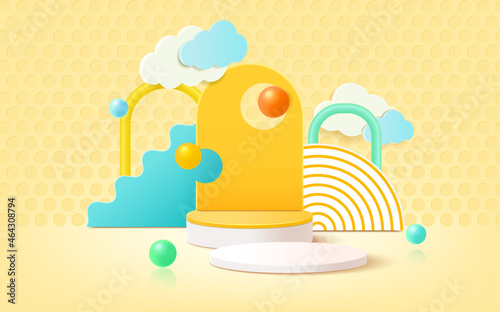 3d rendering of podium and abstract geometric with empty space for kids or baby product.
