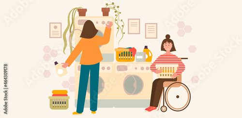 Two women in laundry. Woman with washing liquid is setting washing program. Disabled happy woman with washing basket smiling. Flat vector cartoon illustration.