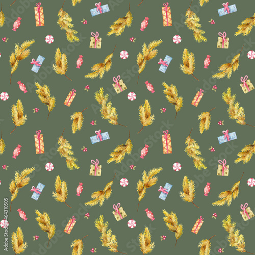 Watercolor hand-drown illustration pattern with christmas elements