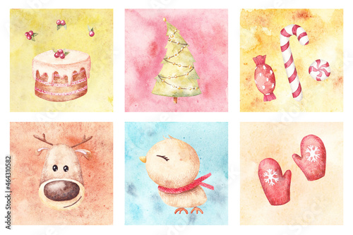 Watercolor hand-drown illustration set with christmas elements