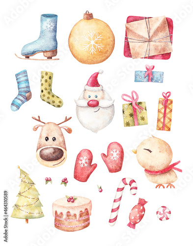 Watercolor hand-drown illustration set with christmas elements