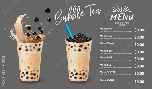Bubble milk tea, Pearl milk tea , Different sorts of Boba. Yummy drinks. Ads with delicious tapioca.  Restaurant cafe menu, template design. Food flyer. Chalk board, retro menu restaurant poster. 