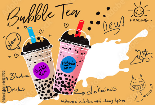 Bubble milk tea, Pearl milk tea , Different sorts of Boba. Yummy drinks. Ads with delicious tapioca.  Restaurant cafe menu, template design. Food flyer. Chalk board, retro menu restaurant poster. 