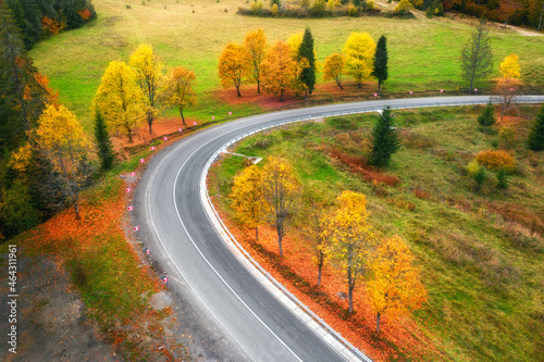 Aerial view of winding road and colorful trees at sunset in autumn. Top view of mountain road in woods. Beautiful landscape with roadway, meadow, green grass, trees with yellow leaves in fall. Travel