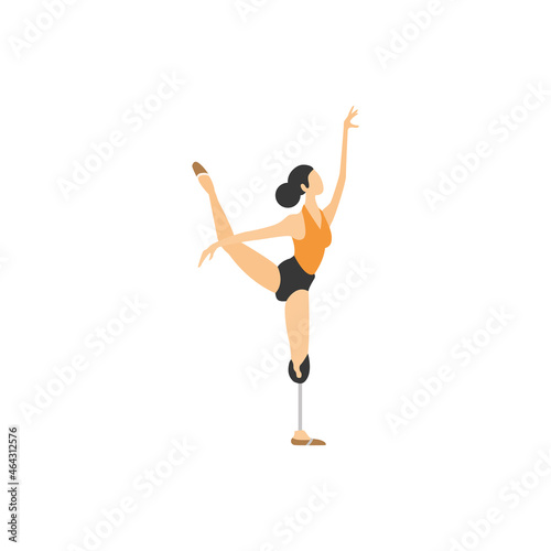 Girl gymnast athlete dancer performs an acrobatic exercise. The woman is disabled with a mechanical prosthesis. Paralympic games. 