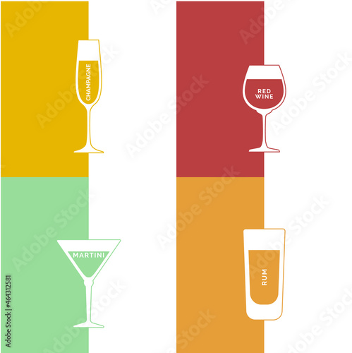 Champagne, red wine, martini, rum and glass in minimalist linear style with text. Contour of glassware on right side in form of fine line. Four types of multi-colored drink. Isolated image on white.