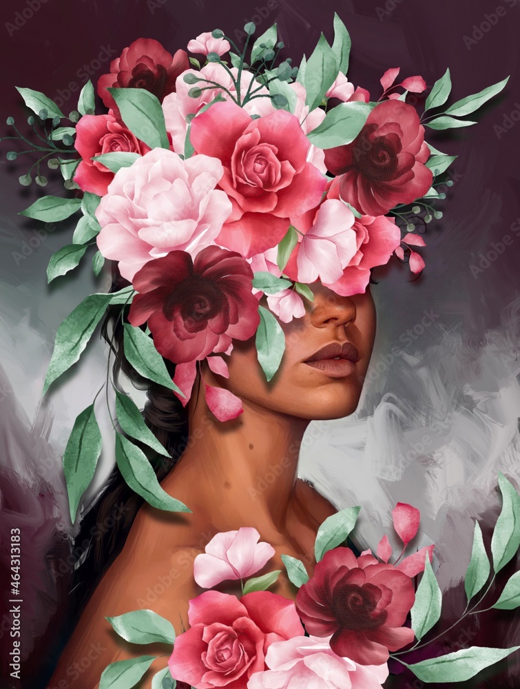 woman with roses - obrazy, fototapety, plakaty 
