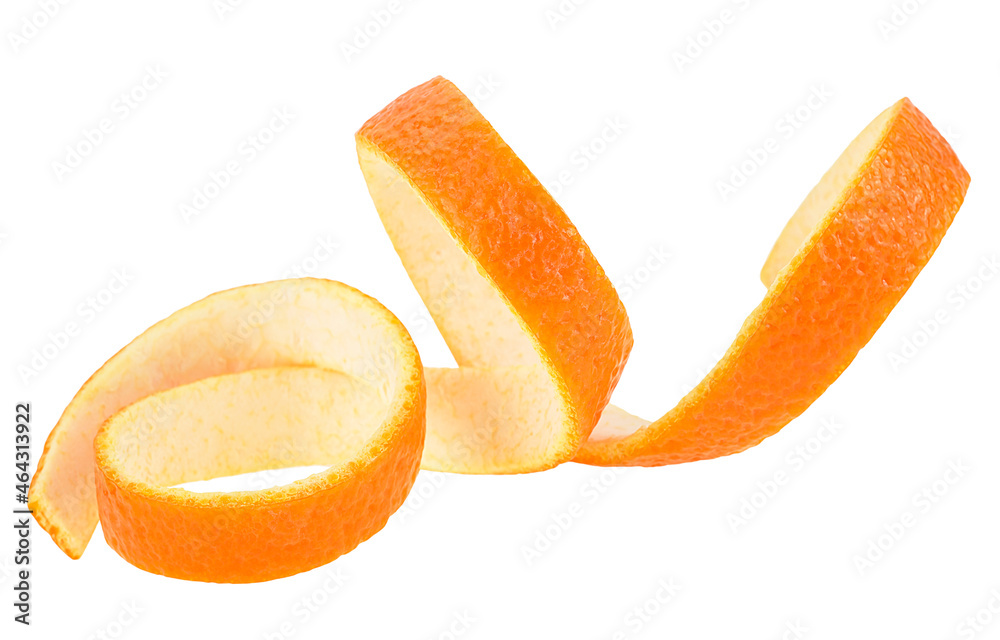 Aromatic orange zest isolated on a white background. Fresh spiral orange twist. Aromatic orange zest isolated on a white background. Fresh spiral orange twist.