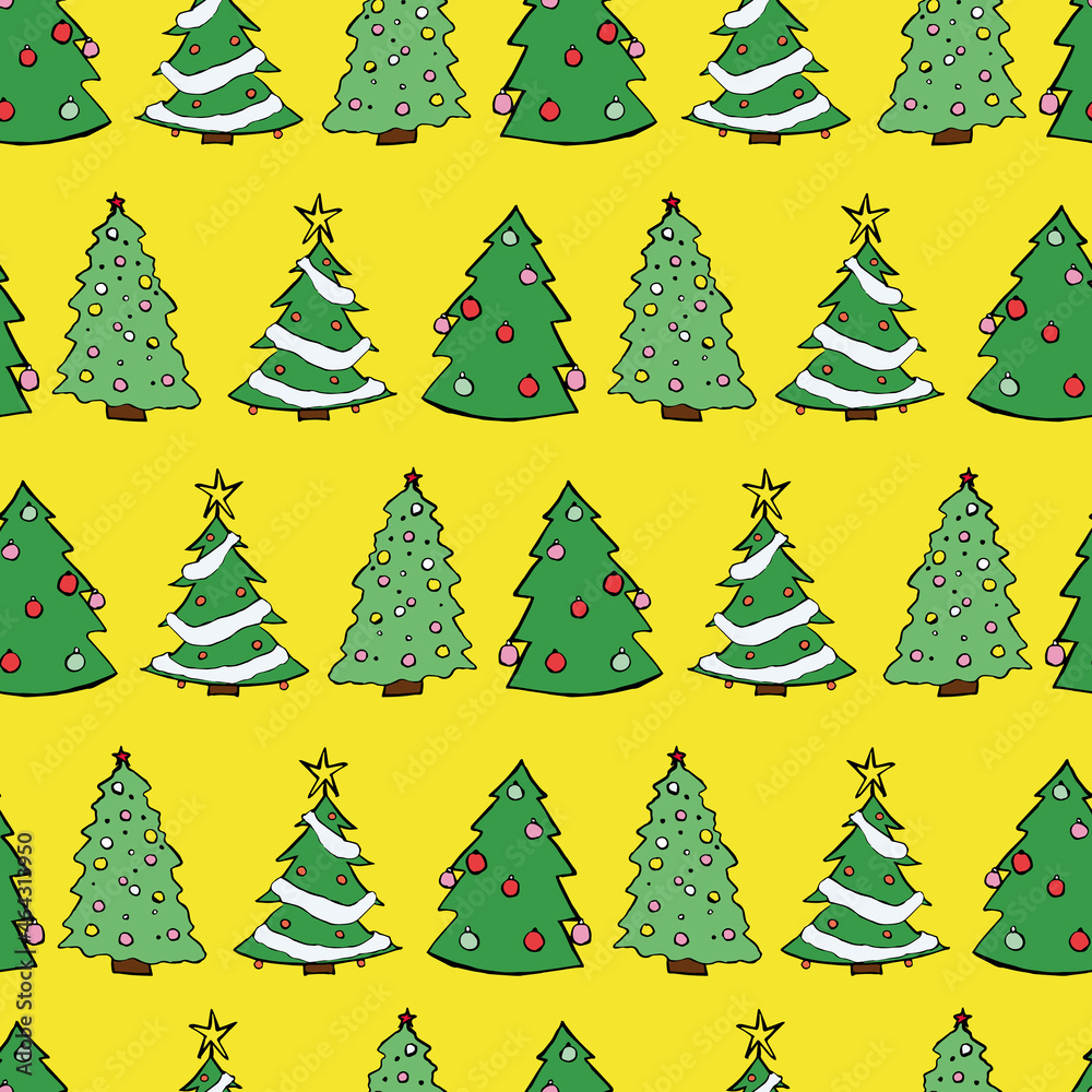 Vector Yellow Christmas Trees with baubles background pattern