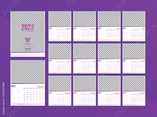 2022 Wall Monthly Photo Calendar. Vertical monthly photo calendar Layout for the 2022 year. 12 months templates. Week starts from Sunday.