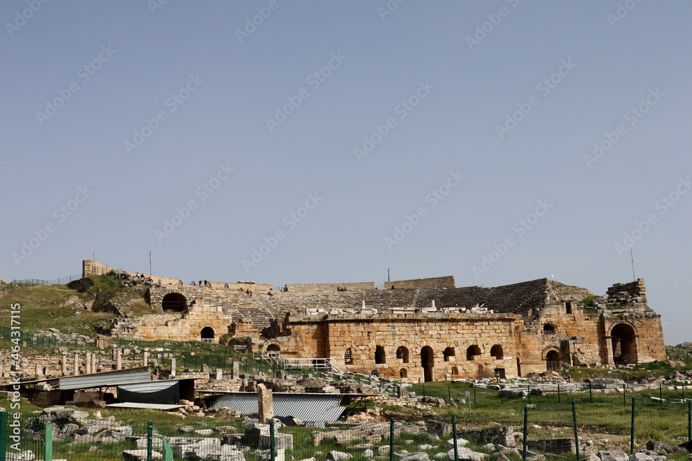 view to the ruins of theater in ancient Hierapolis city, Turkey