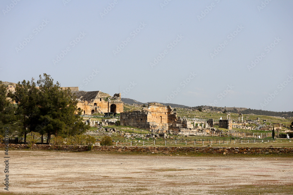 Scenic view of the ruins of ancient city Hierapolis in Pamukkale, Turkey