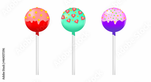 Set of isolated cake Pops on a stick of different colors with different ornaments