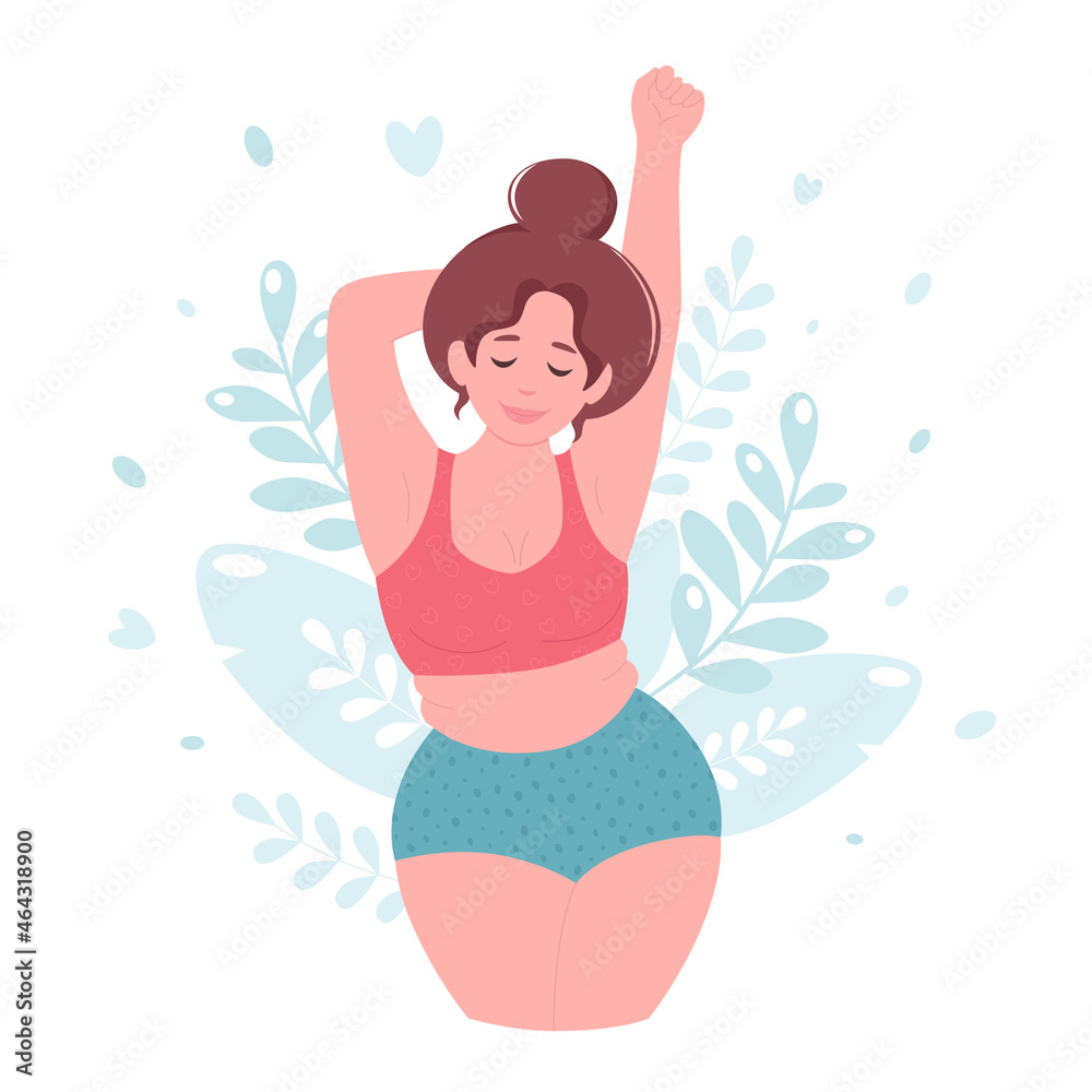 Attractive overweight woman in underware. Body positive, beauty diversity concept. Vector illustration Attractive overweight woman in underware. Body positive, beauty diversity concept. Vector illustration
