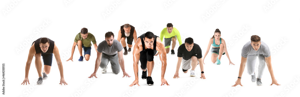 Group of runners in crouch start position on white background Group of runners in crouch start position on white background