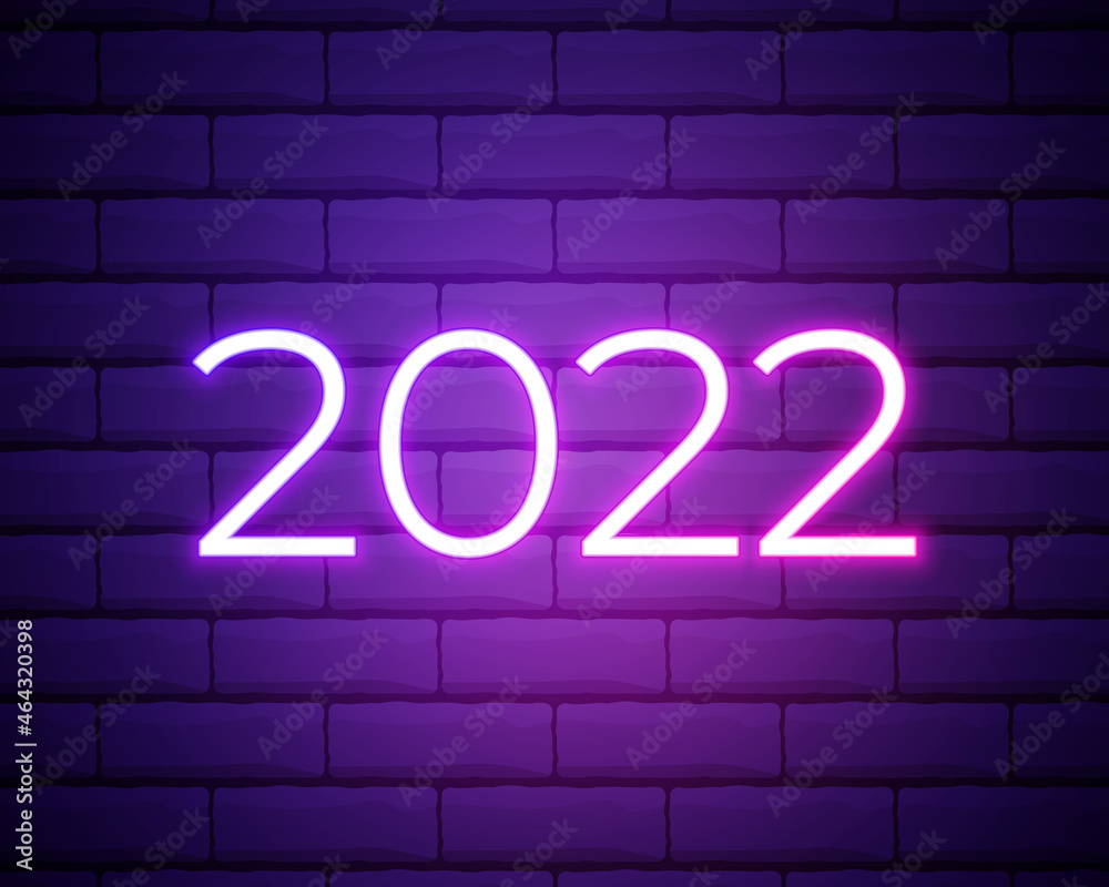 2022 neon signboard. Happy New Year. Realistic pink neon numbers on dark brick wall. Vector 2022 in neon linear style. 2022 neon signboard. Happy New Year. Realistic pink neon numbers on dark brick wall. Vector 2022 in neon linear style.
