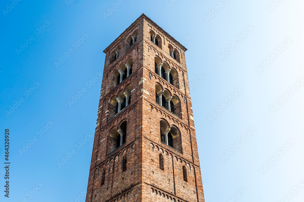 The Romanesque bell tower of the Santuario della Consolata a Marian sanctuary and minor basilica built by Guarino Guarini in Baroque style in the 17th century, in Turin, Piedmont region, Italy