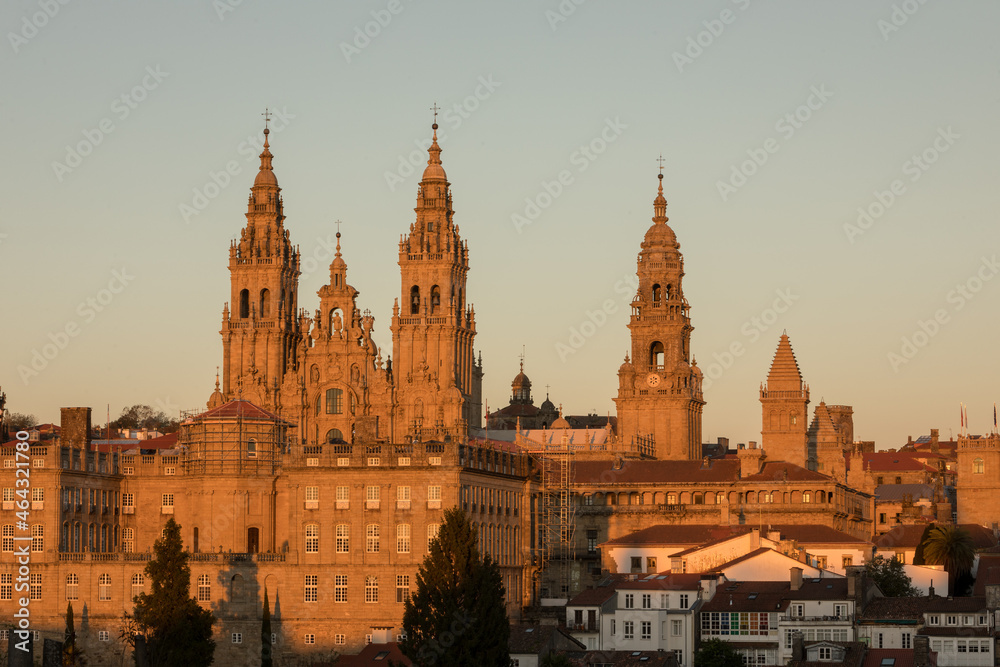 Beautiful view of Santiago de Compostela Cathedral at sunset. It is a UNESCO World Heritage Site located in Galicia, Spain.