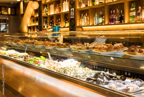 Restaurant showcase of many sorts of tapas