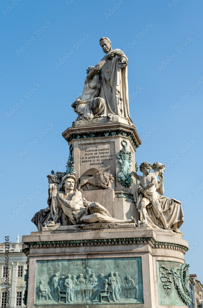 Statue of Camillo Benso, Count of Cavour, built in 1873 by Giovanni Duprè, made of Carrara marble, in Carlo Emanuele II square, Turin city center, Piedmont region, Italy