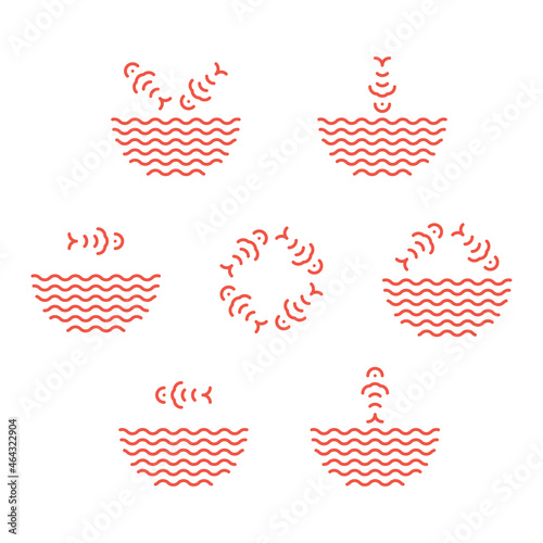Poke bowl logos set and symbols in linear style. Fish jumping from water waves logotype. Fish ramen noodles soup symbols isolated. Seafood icons for restaurant, food delivery, store, menu collection