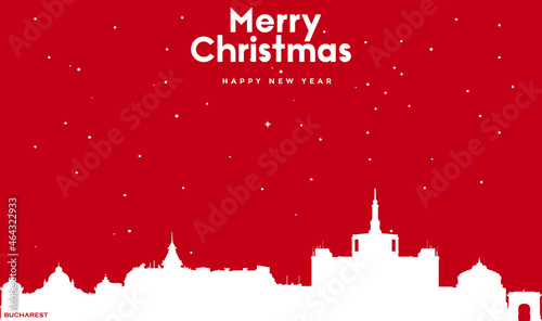 Christmas and new year red greeting card with white cityscape of Bucharest