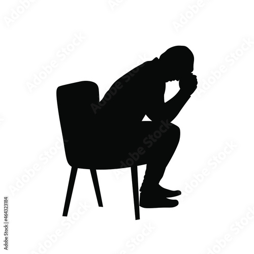 Man sitting and crying in despair or praying silhouette vector illustration
